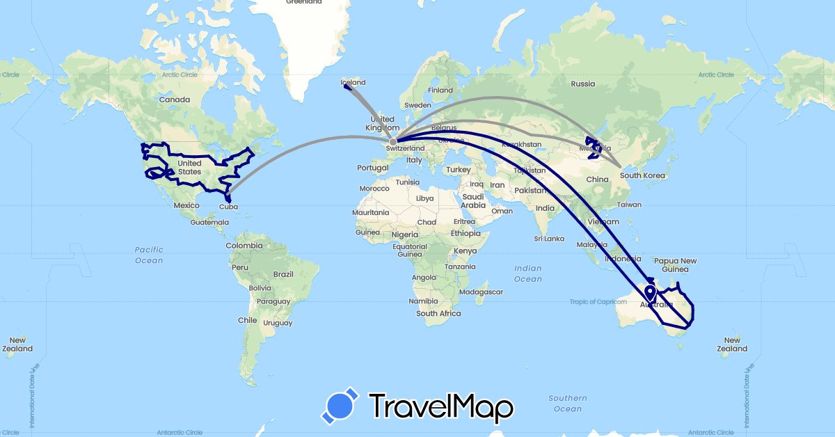 TravelMap itinerary: driving, plane in Australia, Canada, China, France, Iceland, Kazakhstan, Mongolia, United States (Asia, Europe, North America, Oceania)
